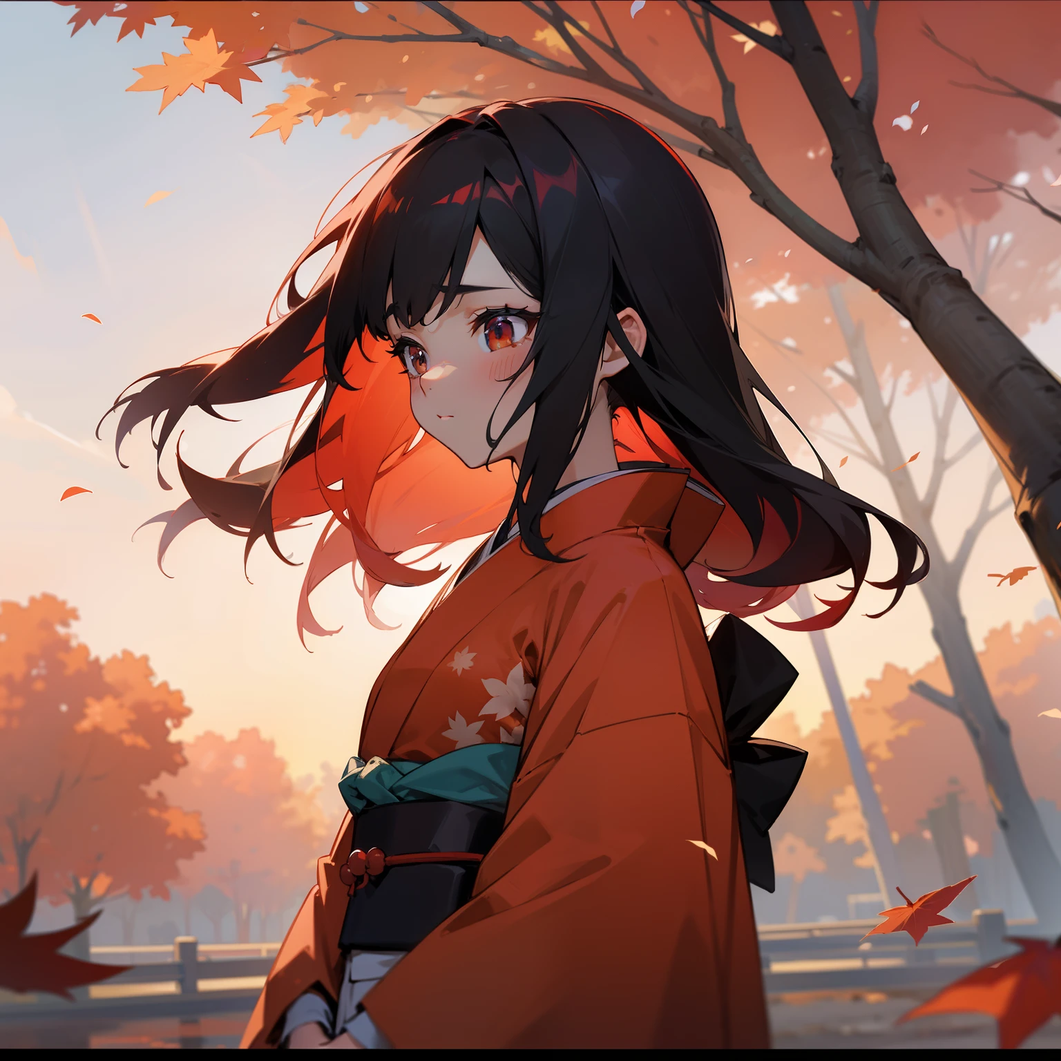 For a beautiful and beautiful sky、Beautiful sunset。Below that、One Girl Standing。Her hair is colorful shades of black and red、Shines even more vividly in the light of the setting sun。Behind her is、Large tree with autumn leaves、Many autumn leaves are fluttering in the wind。She wore a kimono.、There is a faint sadness expression on his face.。This moment is、It's ephemeral but great.。