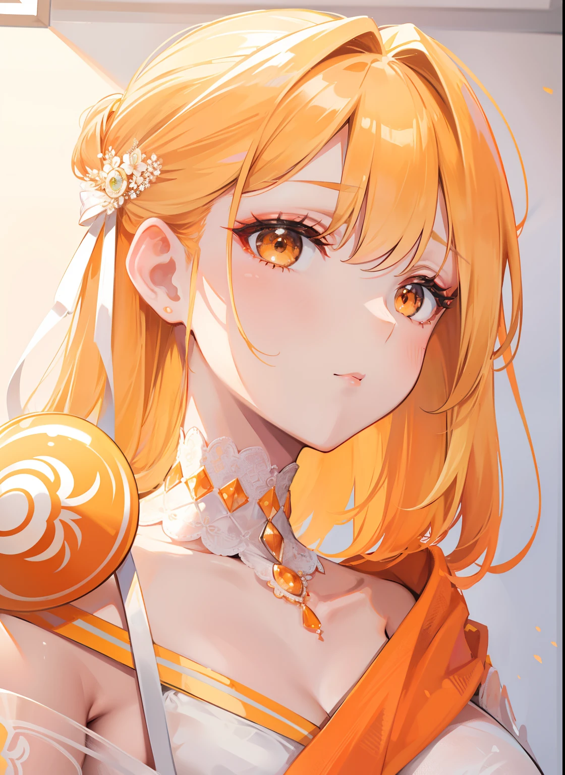 Blonde hair,Orange and white clothes,Exquisite makeup,Smooth and delicate suprathoracic area,Radiant royal sister