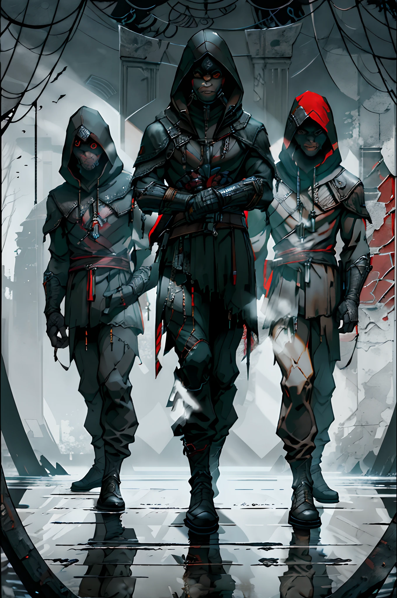 Men use long black hoodies with the Assassin's Creed Brotherhood theme, medieval, light reflection, focus, aesthetic, stunning style, fantasy