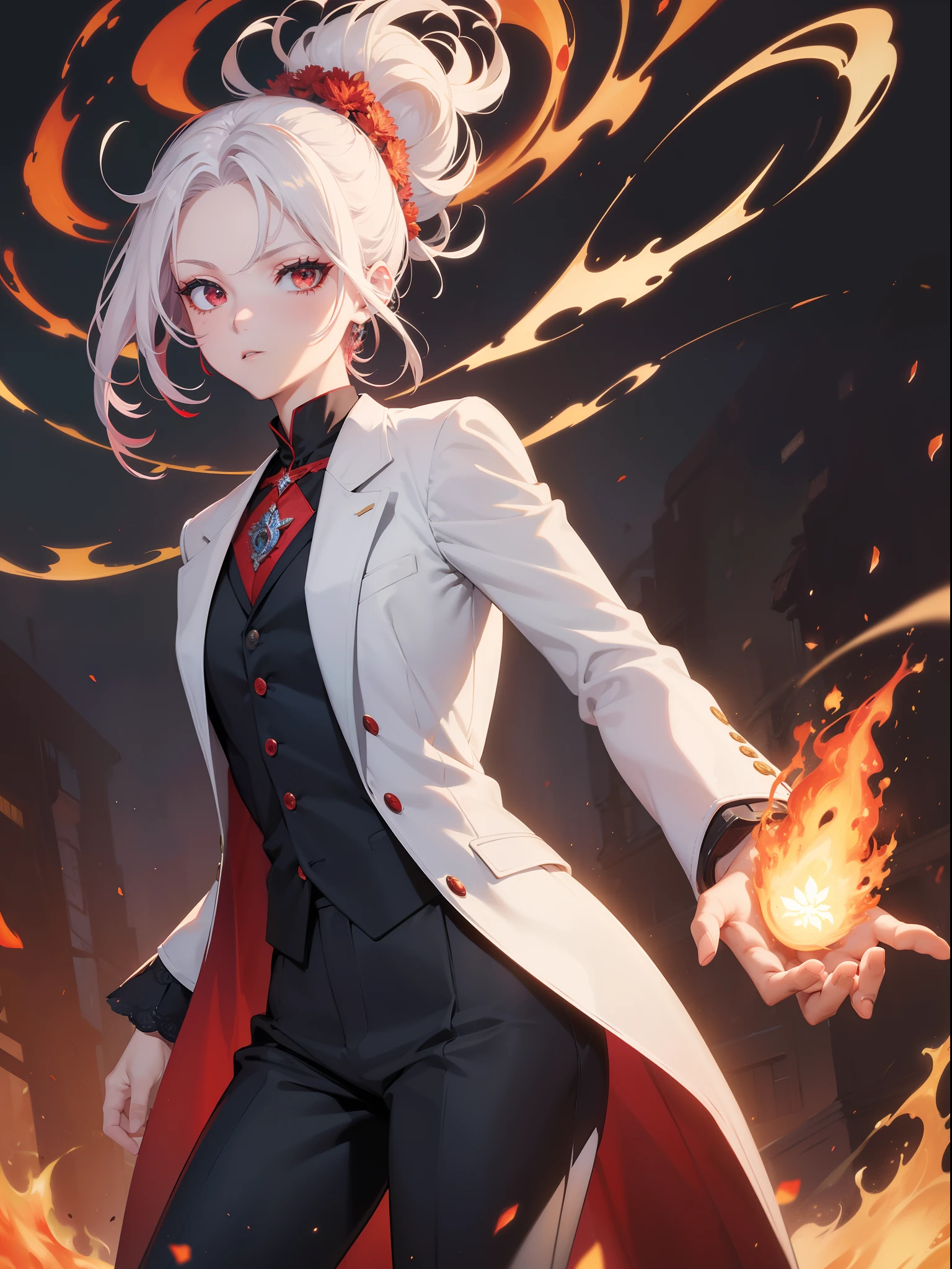 (Celosia argentea girl), (Celosia argentea flower garden), cockscomb ornament, red and white hair, bangs pinned back, forehead:1.3, white men's clothing, white jacket, white slacks, (point at viewer (on fire):1.2), One hand on hip, cowboy shot, leaning back, cigar, cinematic angle, "fashionable" "pretentious" "quirky", (masterpiece), (ultra-detailed), (perfect anatomy), nice hands, perfect hands