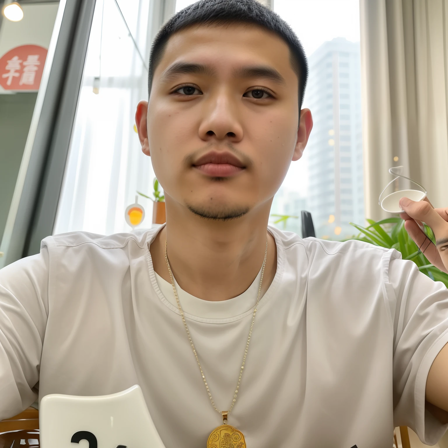 there is a man sitting at a table with a plate of food, yanjun chengt, hoang long ly, xintong chen, 2 7 years old, wenjun lin, south east asian with round face, 2 8 years old, 2 3 years old, dao trong le, zeng fanzh, 2 2 years old, 21 years old