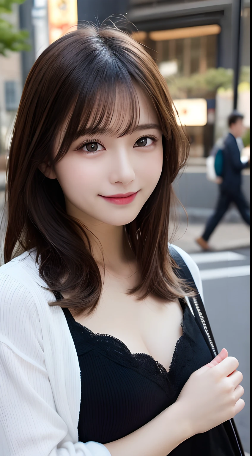 masutepiece, Best Quality, Illustration, Ultra-detailed, finely detail, hight resolution, 8K Wallpaper, Perfect dynamic composition, Beautiful detailed eyes, Women's fashion in winter,straight haired,small tits、Natural Color Lip, Bold sexy poses,Smile,Harajuku、20 years girl、Cute、Sexy shot looking at camera,nighttime scene