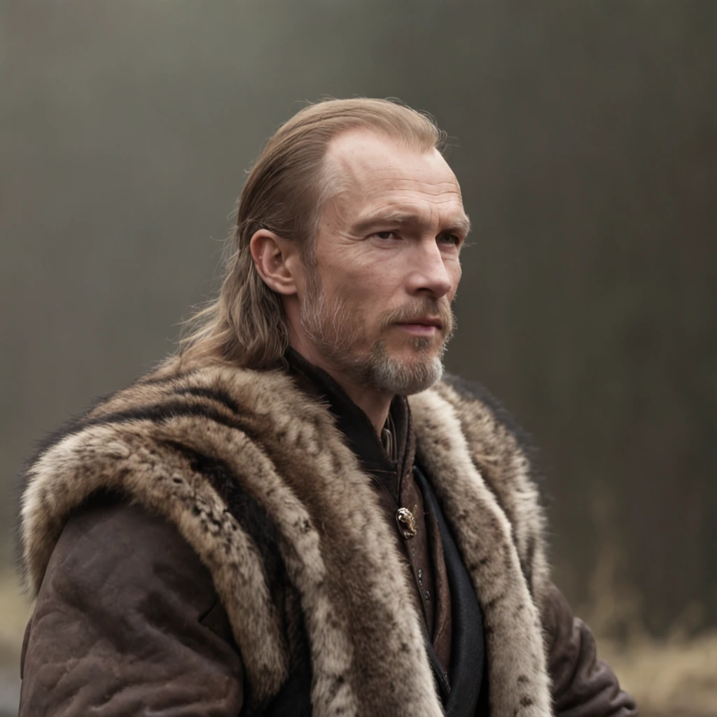 "Putin-esque Character"
Features: Strong and charismatic man, weathered facial features. Broad shoulders, muscular build. Long, flowing hair and a well-kept short beard. Intense and resolute expression in his eyes, reflecting wisdom and determination.
Attire: Wears aged leather garments with fur accents, showcasing rugged endurance.
Background: Stands against an intricate, ancient city backdrop. Dark lighting with heavy shading and rain particles. Global illumination highlights his presence.
Symbolism: His presence contrasts with the explosive chaos in the background, representing his ability to maintain composure amidst turmoil. A true leader in a fantasy world.