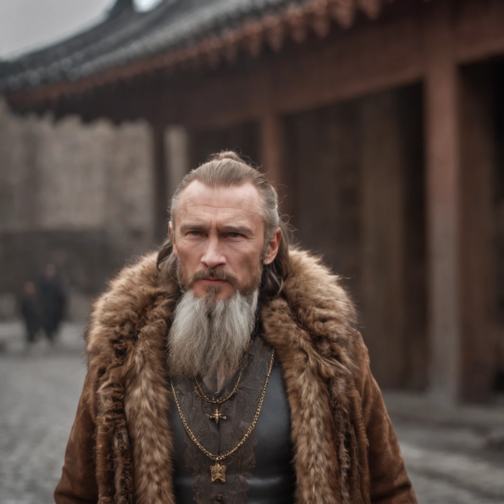 "Putin-esque Character"
Features: Strong and charismatic man, weathered facial features. Broad shoulders, muscular build. Long, flowing hair and a well-kept short beard. Intense and resolute expression in his eyes, reflecting wisdom and determination.
Attire: Wears aged leather garments with fur accents, showcasing rugged endurance.
Background: Stands against an intricate, ancient city backdrop. Dark lighting with heavy shading and rain particles. Global illumination highlights his presence.
Symbolism: His presence contrasts with the explosive chaos in the background, representing his ability to maintain composure amidst turmoil. A true leader in a fantasy world.