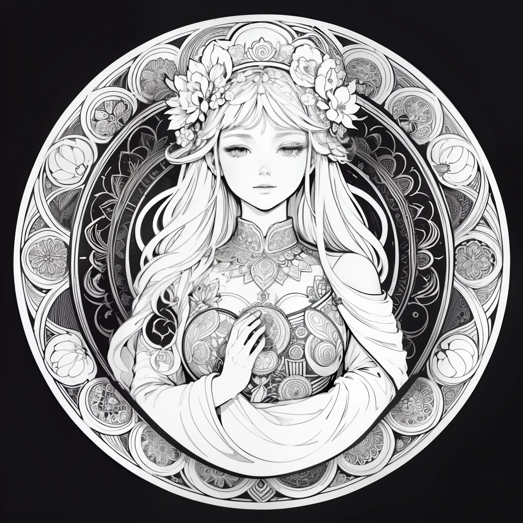 Flowers and goddess, ploynesian, garden, art for coloring book page, full white background, only use outline, line art, coloring book, clean line art, mandala for coloring with nature ornaments, simple and clean line art, coloring book page, adorned in Art Nouveau style, with a stroke of Alfons Mucha's brush, perfect details, real.