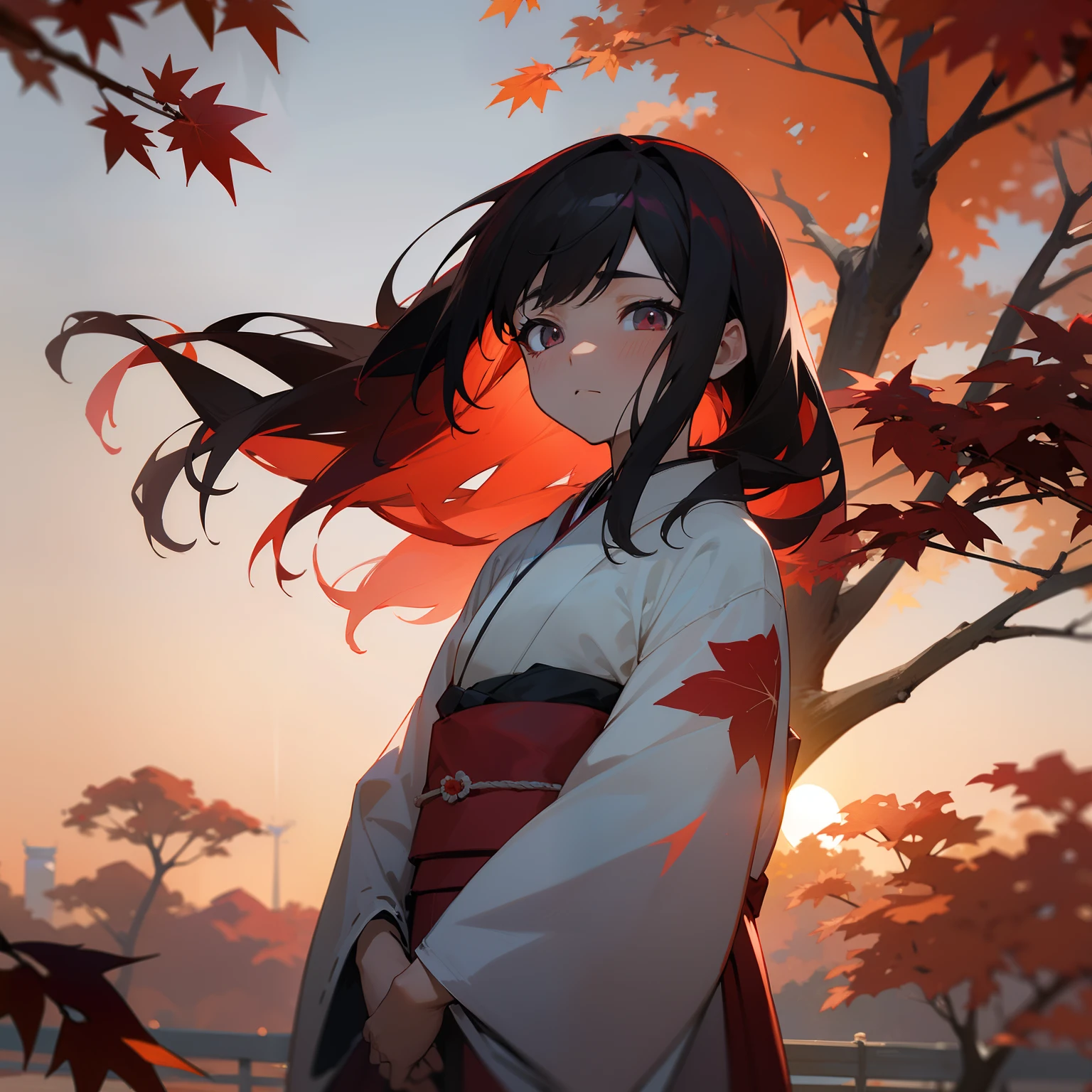 For a beautiful and beautiful sky、Beautiful sunset。Below that、One Girl Standing。Her hair is colorful shades of black and red、Shines even more vividly in the light of the setting sun。Behind her is、Large tree with autumn leaves、Many autumn leaves are fluttering in the wind。She wore a kimono.、There is a faint sadness expression on his face.。This moment is、It's ephemeral but great.。