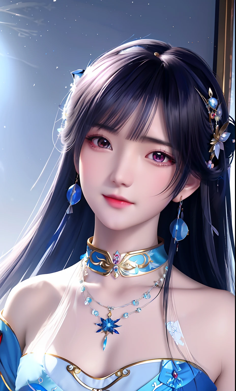 A woman with long hair in a blue dress and necklace, Beautiful character painting, Beautiful anime woman, Beautiful anime girl, inspired by Leng Mei, beautiful and seductive anime woman, ((a beautiful fantasy empress)), Beautiful anime style, inspired by Li Mei-shu, Chinese girl, Chinese style, a beautiful anime portrait, a beautiful fantasy empress