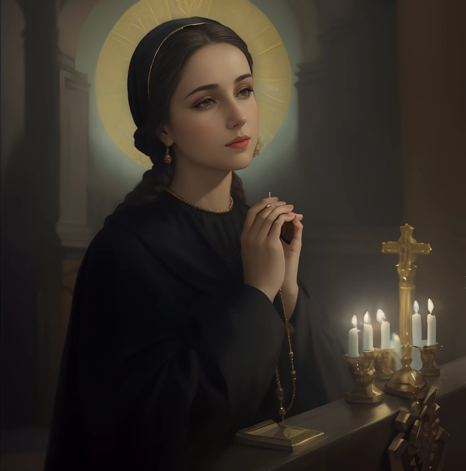A closeup of a woman holding a rosary in front of a lit candle, kramskoi 4 mil, majestosa mulher de santo, Alexey Egorov, mary in a sanctuary, inspirado em Jaroslava Korol, Directed by: Artur Tarnowski, inspirado em Carl Heinrich Bloch, Santo ortodoxo, Retrato da Virgem Maria, inspirado em Ivan Kramskoi