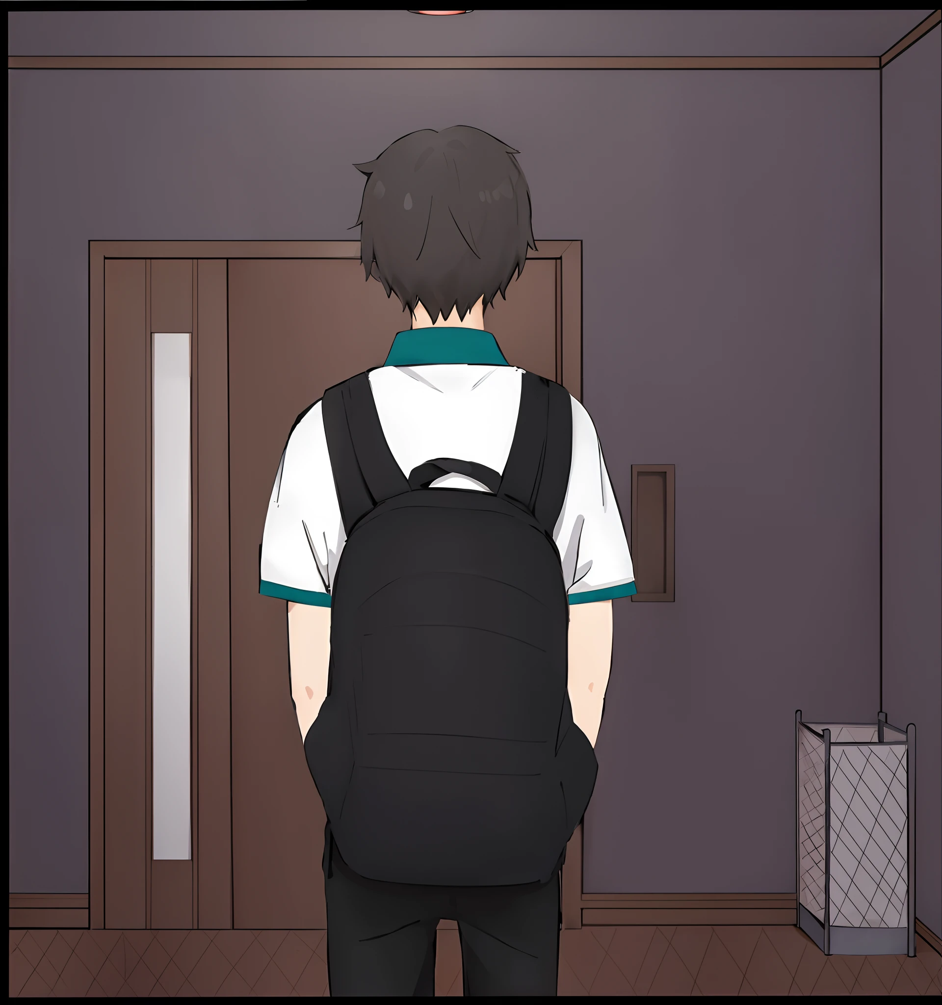 Anime image of a man with a backpack, Standing in the room, in anime style, basket with umbrellas, antechamber, The door jamb is about to come in, in anime style, in japanese anime style, as an anime character, ; Visual Novel, random background scene, goes to the door, !!full-length portrait!!, far!!