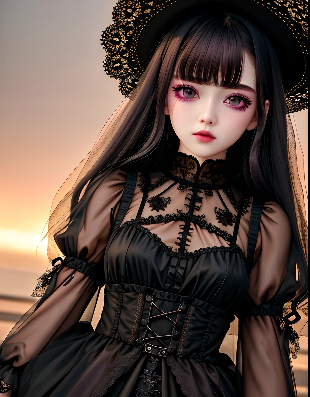 masterpiece、absurderes、HDR、extremely detailed eye and face、GothGal、Woman in military uniform Gothic、Runny nose makeup、See-through clothing、Ren Hao、embroideries、woman wearing a GothGal outfit、pale white skin、Wearing a ball gown