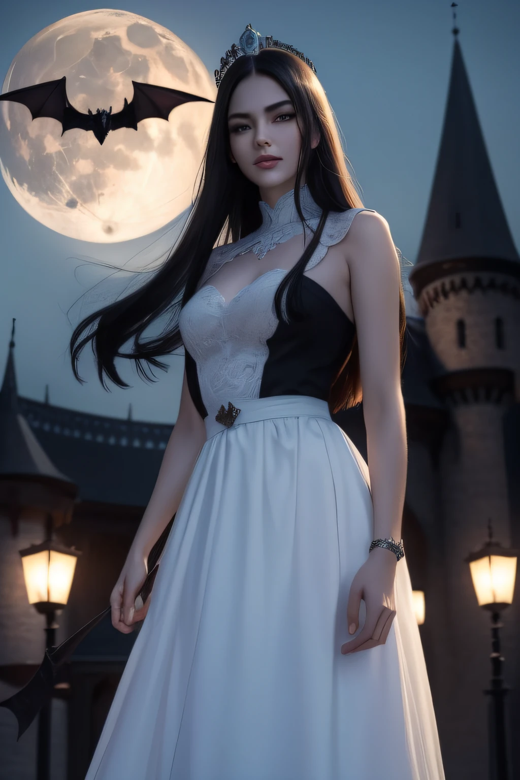 ((top-quality、masterpiece、photographrealistic:1.4、8K))、1 beautiful detailed girl、extremely detailed eye and face、beatiful detailed eyes、(Princess of the demon world in a black dress in medieval European style)、Luxury Accessories、Elegant smile、(Walking outside at night、The eerie Dracula castle in the background)、Beautiful lighting、Textured skin、Super Detail、high detailing、High quality、hight resolution、(looking at the viewers)、the bats、a moon、