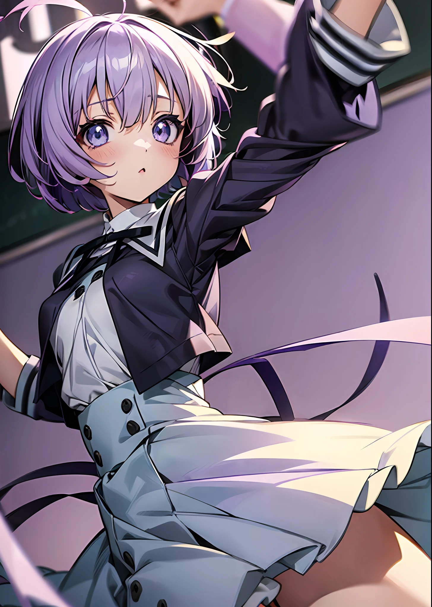 solo, (((anime girl with short lilac bob hair))), (light blue eyes), ((cute)), (((moe blob))), ((flat chest)), school uniform, skirt, ((classroom in background)), ((high quality)), (extremely detailed)