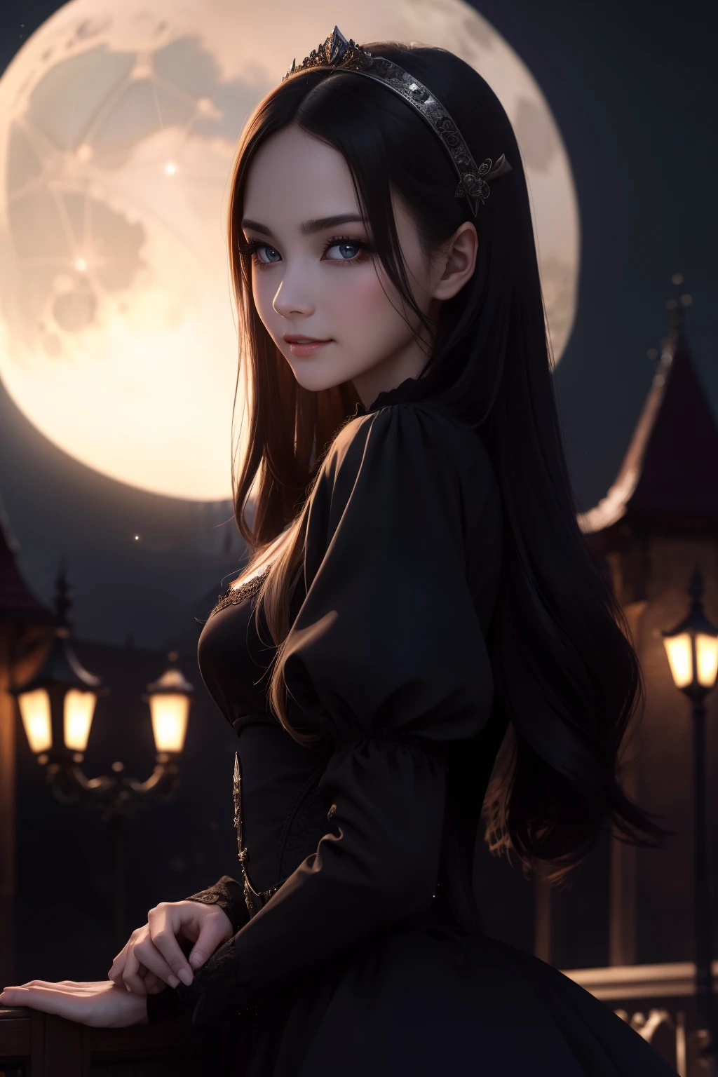 (absurd, high res, super detail), face up, face enhancement, face focused, dutch angle shot, beautiful, 22, 18, long straight hair, shiny beautiful hair, beautiful skin, luscious skin, beautiful eyes, with bangs, off shoulder, eye highlights, unbroken hands, rich lighting, large breasts, pale pink lips, soft lips, slightly open mouth, wide-eyed, uniform 8K wallpaper with high definition CG, attention to detail, portrait, gaze, solo, half shot, detailed face, slightly smiling, dynamic pose, (Contemporary Japanese Subject: 1. 1), contemporary style clothing, Black Dress, Black Gloves, Lace Dress, Golden Hair, Contemporary Subjects, (Thriving Civilization: 1.1), (Pure White: 1.1,) Buildings, Roppongi, Ginza, Kabukicho, Neon Lights, Japanese Landscape, Fantastic, Romantic, Light Dance, Glitter, Severity, Majesty, Night, Darkness, Stars, Moon in Background, Portrait, film lighting, necklace, date scene
