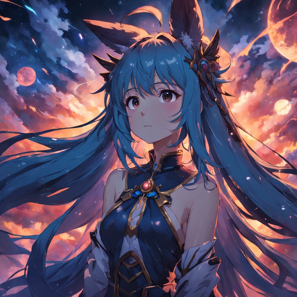 (masterpiece, best quality), ((1 girl, (adult) long hair), (star shaped pupils,  +_+, Symbol shaped pupils, Bright Eyes), (Cat ears, open mouth)), (looking at the audience, faint smile, Off the shoulders), (Abstract, colorful background, Abstract background, Color difference),