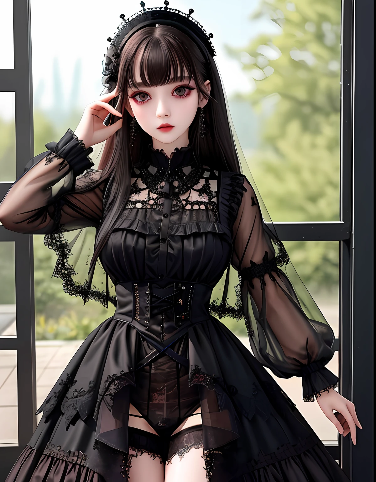 ​masterpiece、absurderes、nffsw、extremely detailed eye and face、GothGal、(Woman in military uniform Gothic)、Runny nose makeup、See-through clothing、Ren Hao、embroideries、woman wearing a GothGal outfit、pale white skin、wearing a ballgown