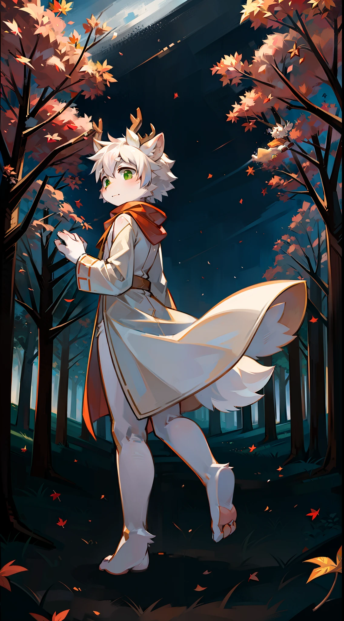 A white deer,In the maple forest,maple trees,Falling maple leaves,Shota,adolable,facing away from the audience,A maple leaf fell on his hand,hands out,back to look back,long white robe,orange scarf,Flowing scarf,flowing robe,brightly,nebulous sky,Green eyes,In the daytime