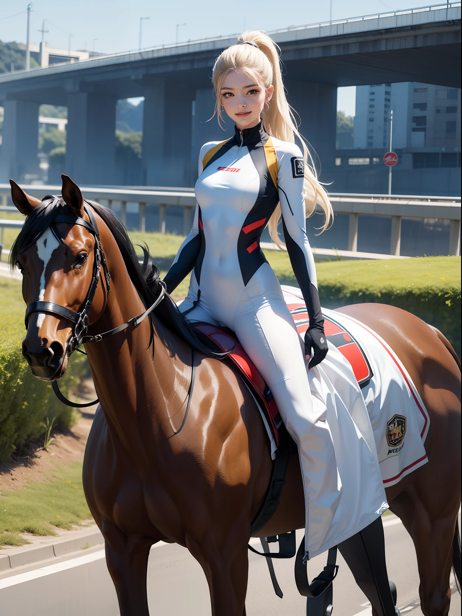 one-girl, Tall and tall，Pure white high ponytail long hair，beautiful lovely，Wears a white one-piece mech suit，highways，mounted on a horse，Be red in the face，ssmile