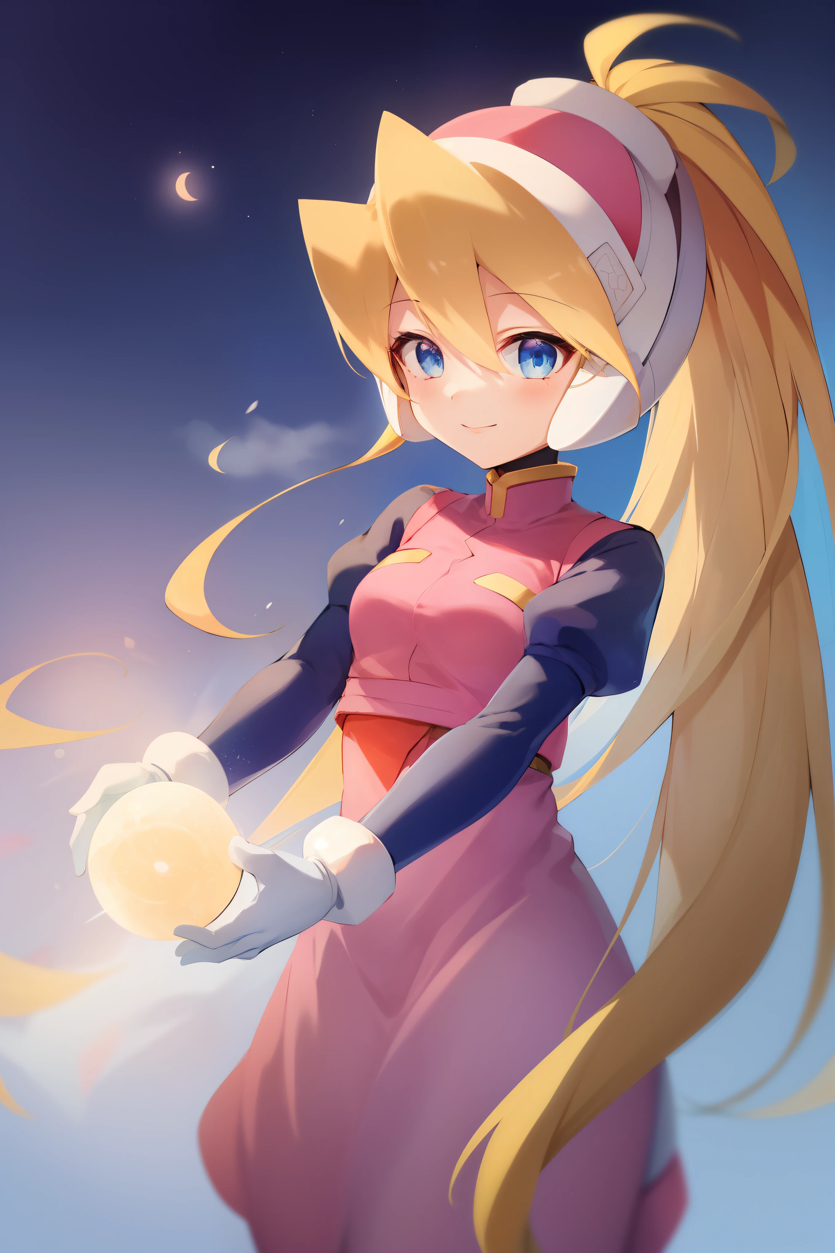 Skysky_megaman, 1girl in, 独奏, length hair, blue eyess, blonde  hair, poneyTail, head gear, light smile, maid, stele \(Skysky\),