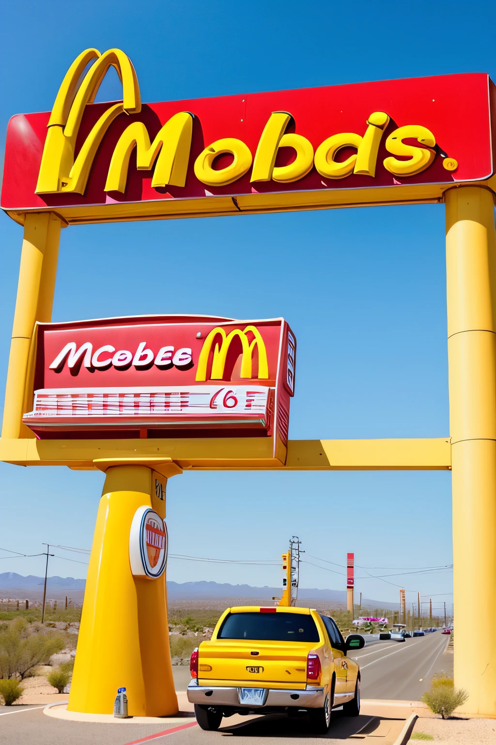 Driving on Route 66。You can see the Sky Tree in the distance。Desert around。You can see the McDonald's sign and the Marlboro sign。Yellow truck is running。