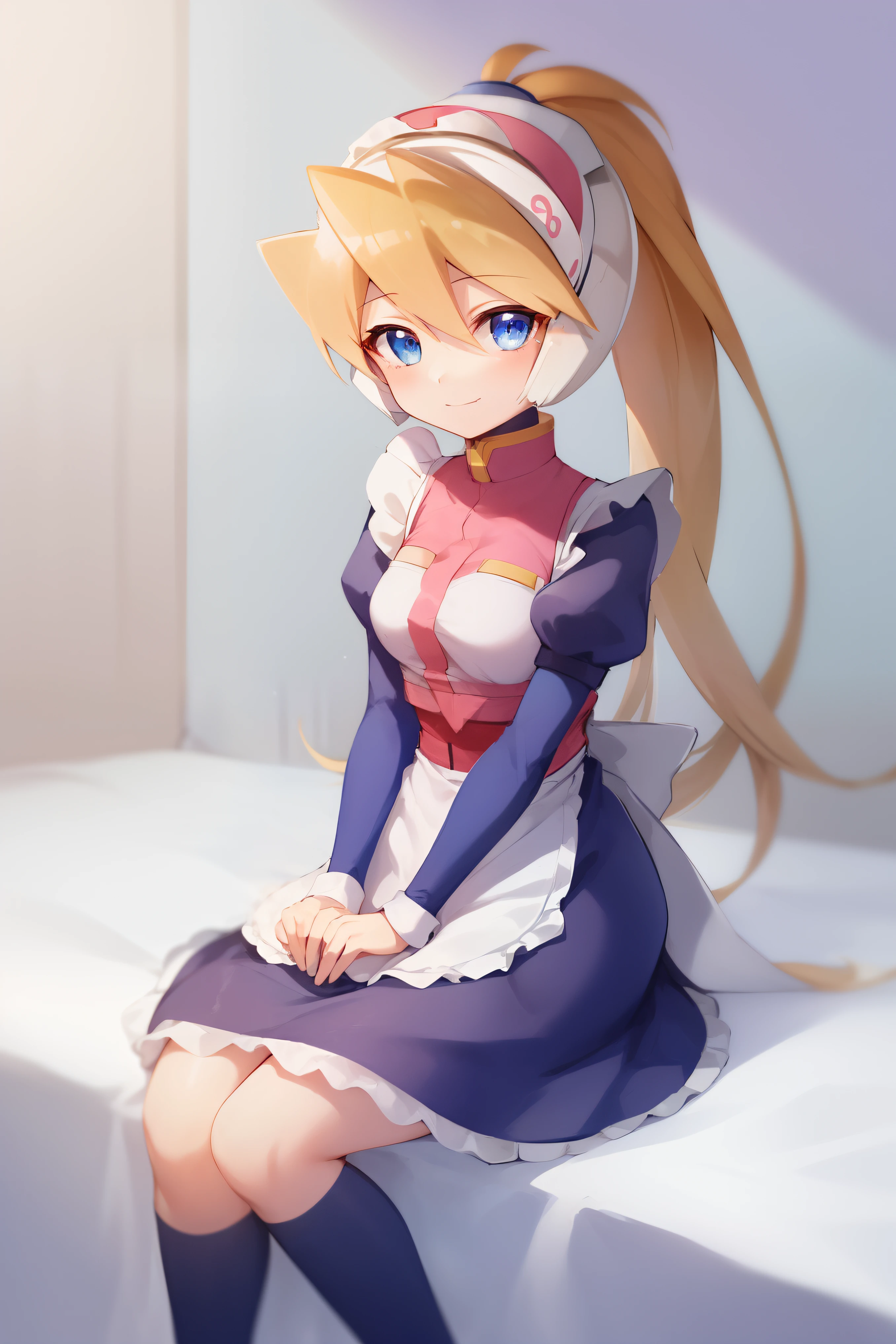 Skysky_megaman, 1girl in, 独奏, length hair, blue eyess, blonde  hair, poneyTail, head gear, lightsmile, (maid:1.3), stele \(Skysky\),