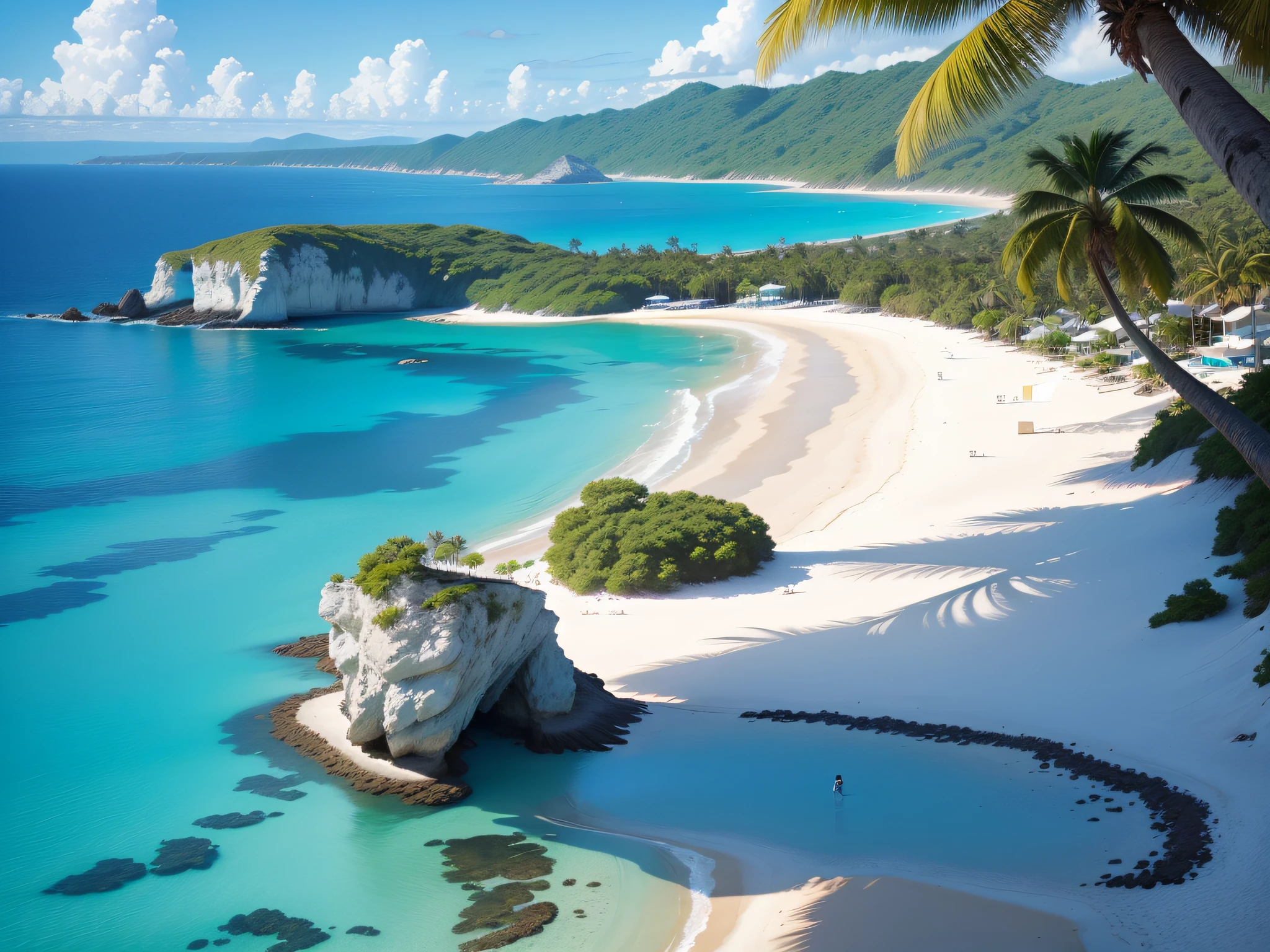 Azure Coastal Escape: Crystal-clear turquoise waters gently kissing the shores of a secluded beach, framed by lush palm trees and a clear blue sky, offering a soothing coastal escape.