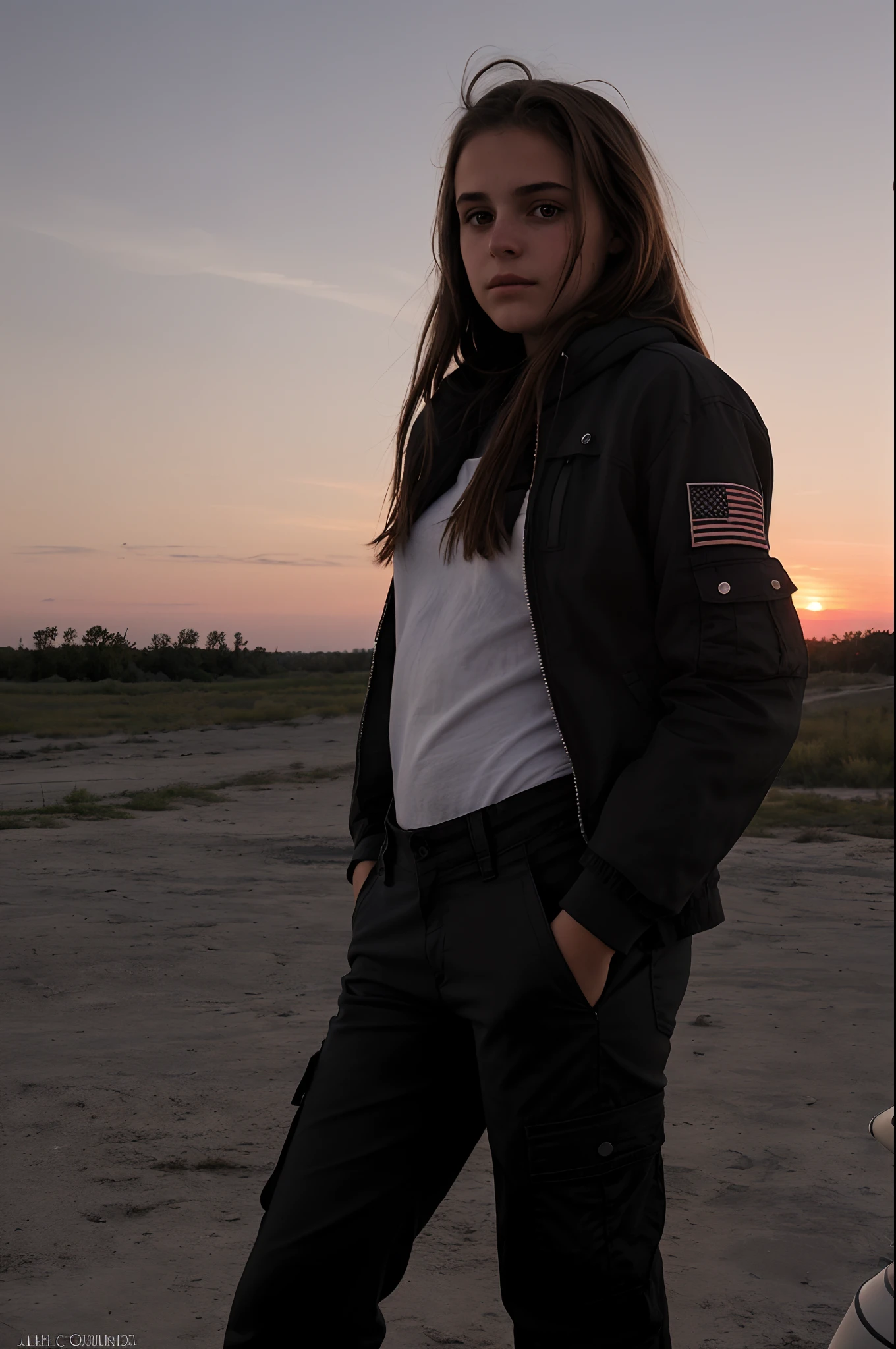 une jeune fille brune de 18 ans, pantalon cargo noir, at a rocket launch site, sunset