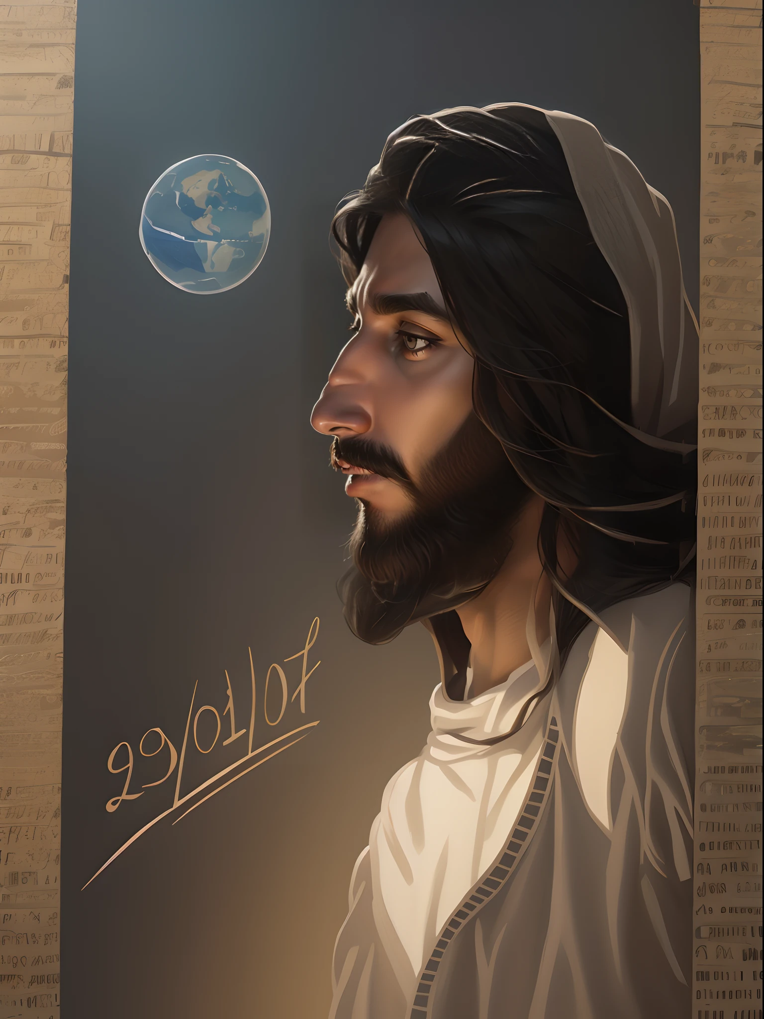 um desenho de um homem com barba e bigode olhando para o planeta Terra, Retrato de Jesus Cristo, rosto de jesus, fan art, Jesus Cristo, jesus of nazareth, inspirado em Julius Jakoby, official fan art, inspirado em Lojze Logar, inspired by Hristofor Žefarović, prophetic art, A face de Deus, Fanart
