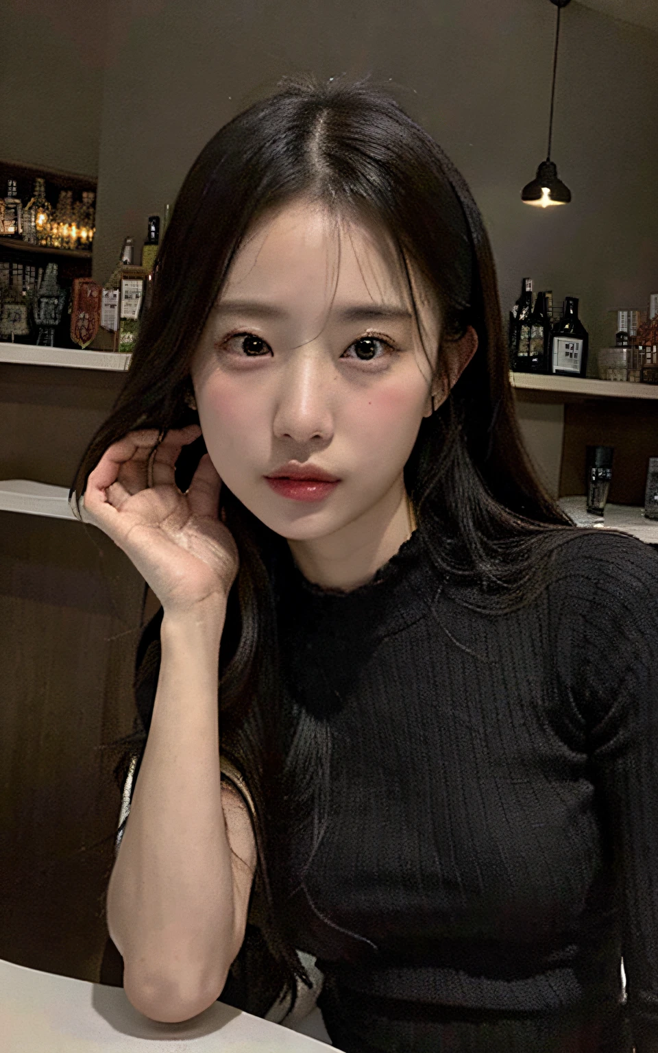 (8K、Raw photography、top-quality、masterpiece:1.2)、(realisitic、Photorealsitic:1.37)、ultra-detailliert、超A high resolution、Pioapple、1 girl in、looking at the viewers、Chatting in the bar、Black knitwear、Sad face、Moist eyes