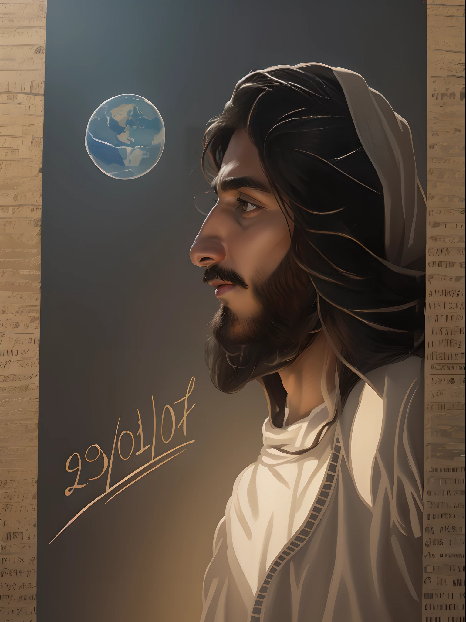 um desenho de um homem com barba e bigode olhando para o planeta Terra, Retrato de Jesus Cristo, rosto de jesus, fan art, Jesus Cristo, jesus of nazareth, inspirado em Julius Jakoby, official fan art, inspirado em Lojze Logar, inspired by Hristofor Žefarović, prophetic art, A face de Deus, Fanart