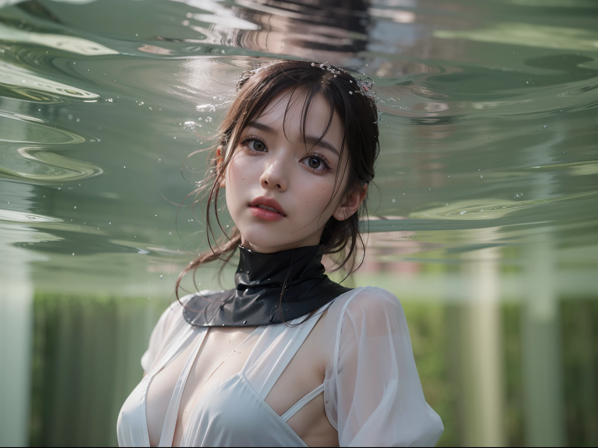 RAW photo of a girl, (masutepiece:1.1), Best Quality, 超A high resolution, detaileds, (Photorealistic:1.4), Face Detail, Detailed eyes, Detailed face, 1girl in, ((Body Portrait)), Underwater interior, White Dress, Wet, Brown hair, Pink lips, Black Choker, (medium breasts:1.1), detailed water, Detailed underwater, Social realism, Image Fill, retinas, canon, 135 mm, awardwinning, in 8K、masterpiece, top-quality, hightquality, hight resolution、Full body