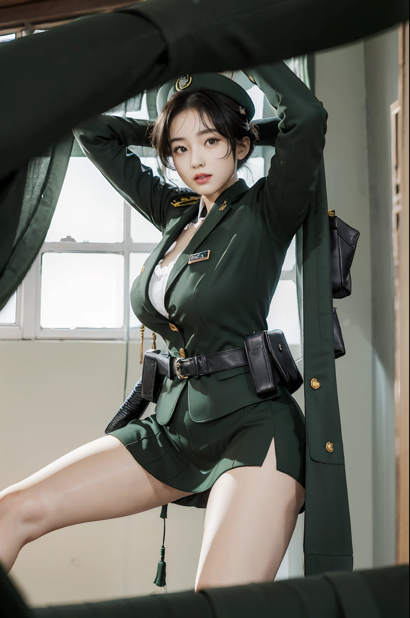 Very detailed CG unity 8K wallpaper，（tmasterpiece），（best qualtiy），（ultra - detailed），（Ultra photo realsisim），（best character detail：1.36），Nikon D750 f / 1.4 55mm，profesional lighting， physically-based renderingt, 1girll, Female soldier，army suit，Green military uniform，Long-sleeved military uniform，Lined white shirt，Dark green tie，(Army green skirt)，military hat，Black hair，the golden ratio,[:(com rosto detalhado:1.2):0.2]:,PureErosFace_V1, broad shoulder,(gigantic cleavage breasts:1.2),(big assa:1.75)，Wide buttock ，Bare legged，Plump legs，The white panties under the army-green skirt were slightly exposed，whitestocking，without wearing shoes，Soaked with sweat，red flags，In the square，bright sun，Bright smile，White teeth，lighting，Contre-Jour，