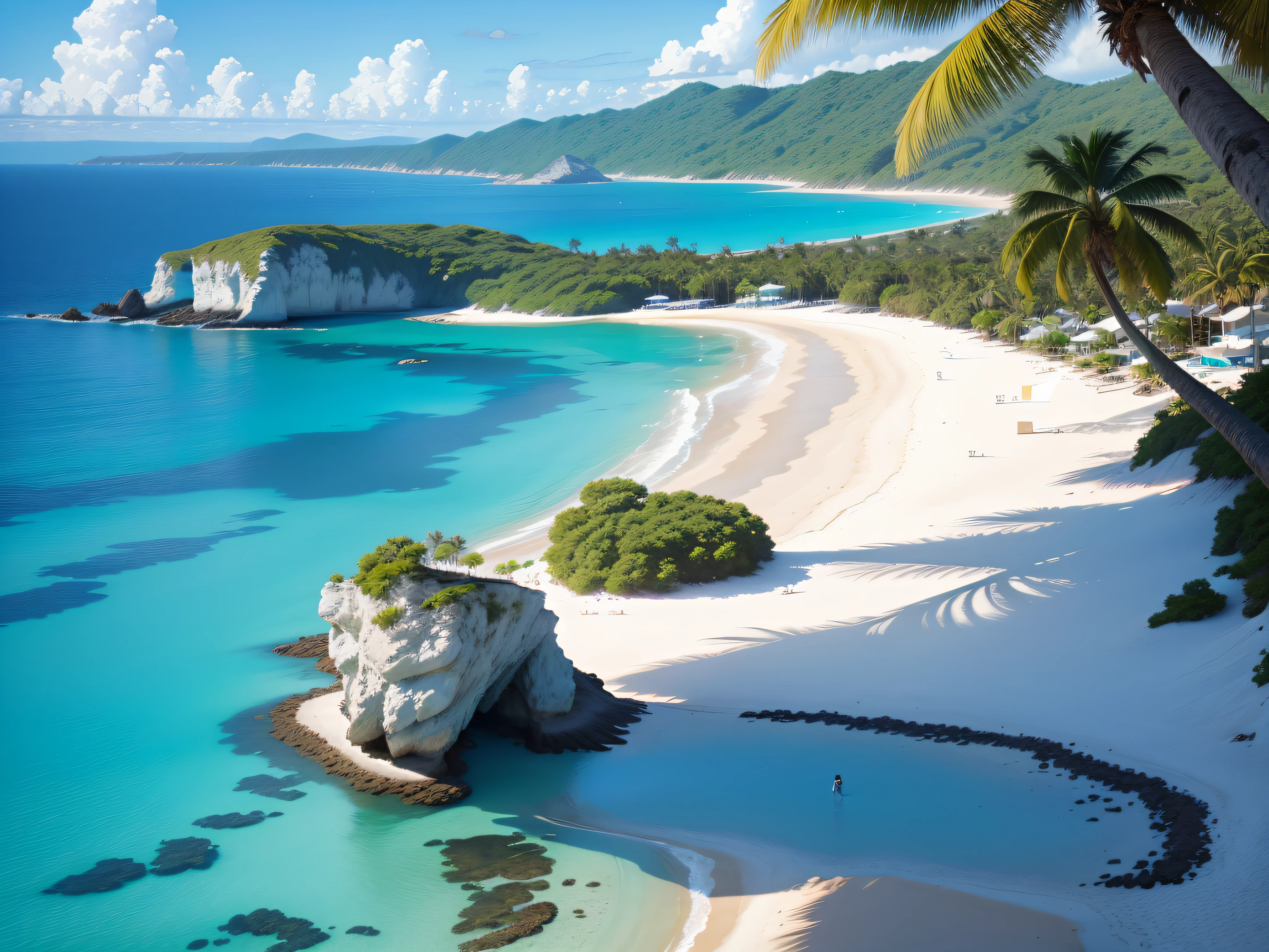 Azure Coastal Escape: Crystal-clear turquoise waters gently kissing the shores of a secluded beach, framed by lush palm trees and a clear blue sky, offering a soothing coastal escape.