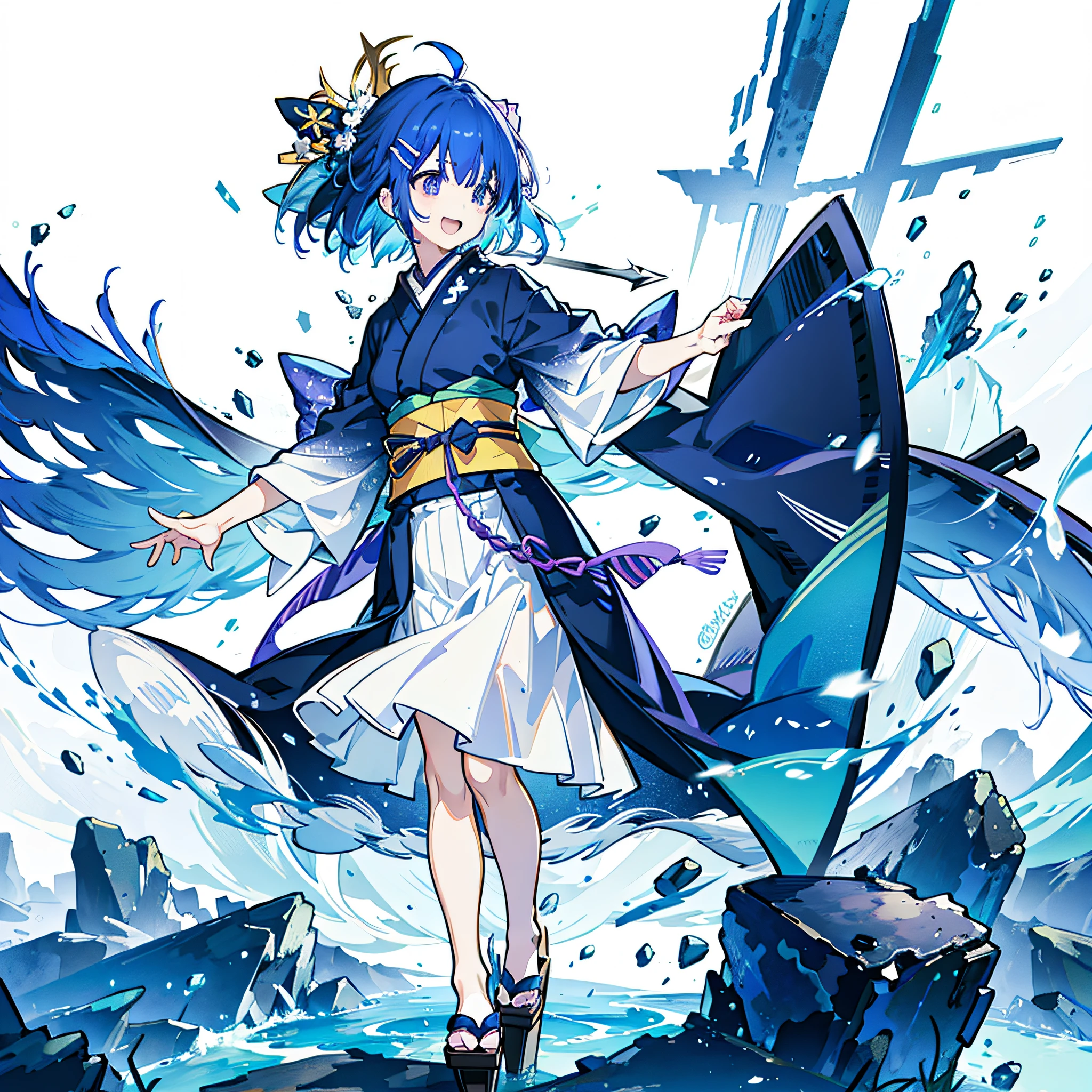 {best quality}, {{masterpiece}}, {highres}, original, extremely detailed 8K，full body,solo,tachie, {{simple background}} ,{{1 loli}}, {{laugh}},short hair,hair between eyes,ahoge,blue hair,hairclip,{{purple kimono}},geta,hairclip,no breast,laugh,standing,ninja