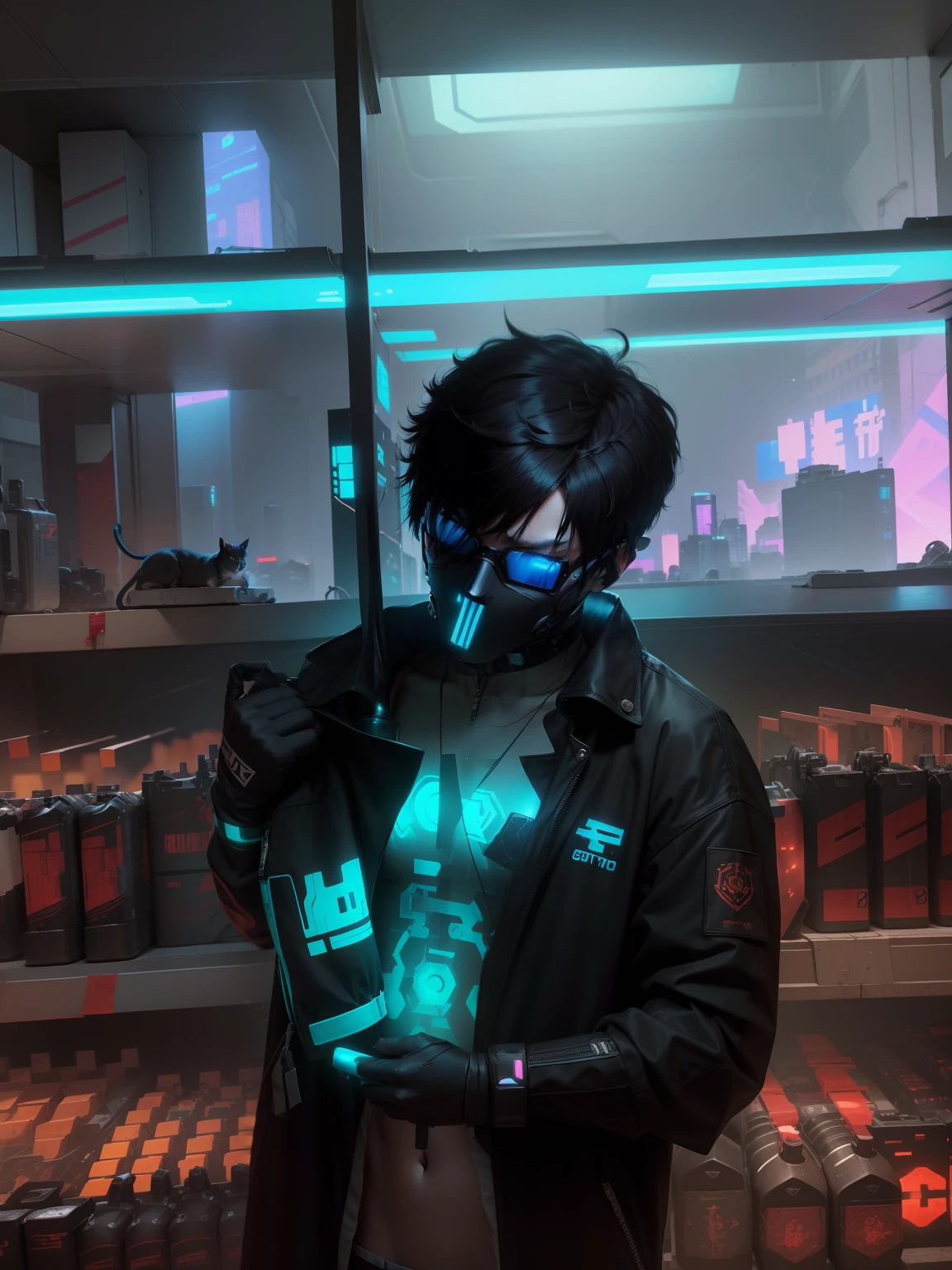 Change background and make realistic avatar, cyberpunk and add a cat on the state, i am boy with short hairstyle and I bowed my head don't show my face fully and add cyber glasses and my body is thin don't add muscle but My stomach is not bloated