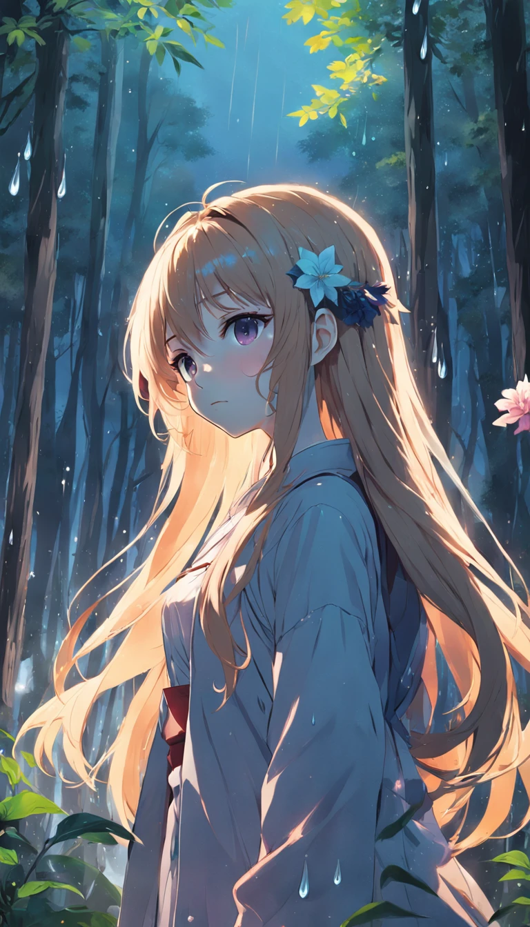 anime girl with long hair and flower in her hair, Beautiful anime artwork, style of anime4 K, Anime art wallpaper 4k,rainy days，janelas，the woods，rain drops