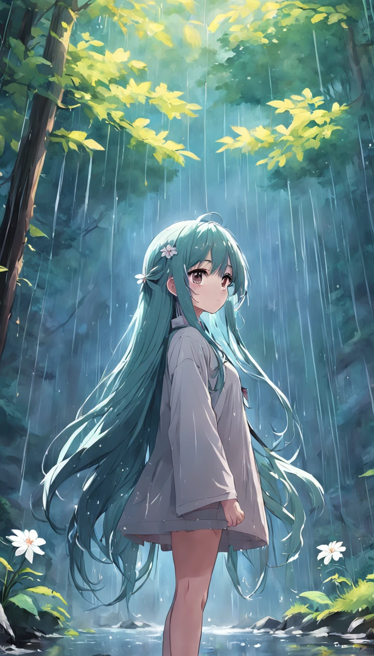 anime girl with long hair and flower in her hair, Beautiful anime artwork, style of anime4 K, Anime art wallpaper 4k,rainy days,janelas,the woods,rain drops