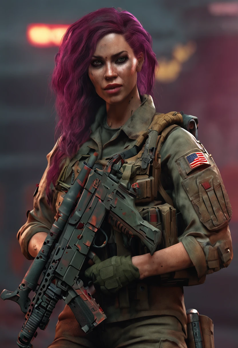 American female soldiers，Just put on a new corporal uniform，Holding an AA12 shotgun，Zombie Doom，There was still blood on his clothes。Wild flowing hair, tattoos on the arms, bigbreasts, Art germ, Ultra-detailed intricate artistic trends in ArtStation ternary colors, intricately details, 8K resolution
