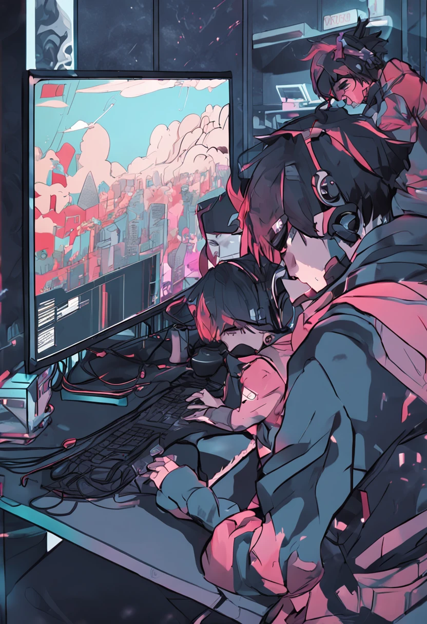 anime dark hacker den a young couple male and female work at a monitor