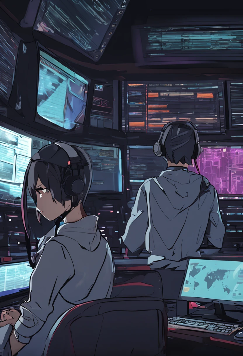 anime dark hacker den a young couple male and female work at a monitor