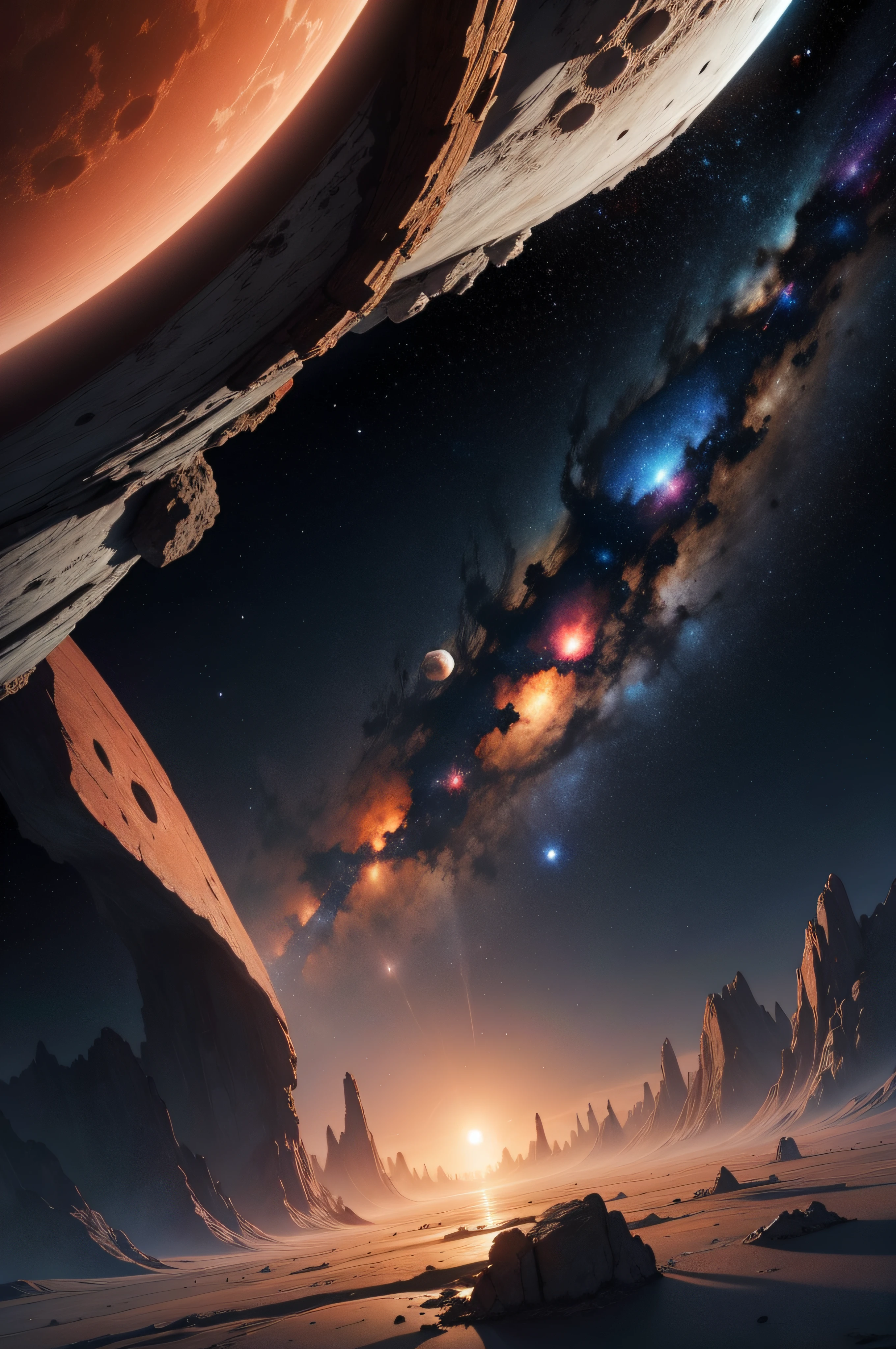a landscape in space full of planets and stars all around
