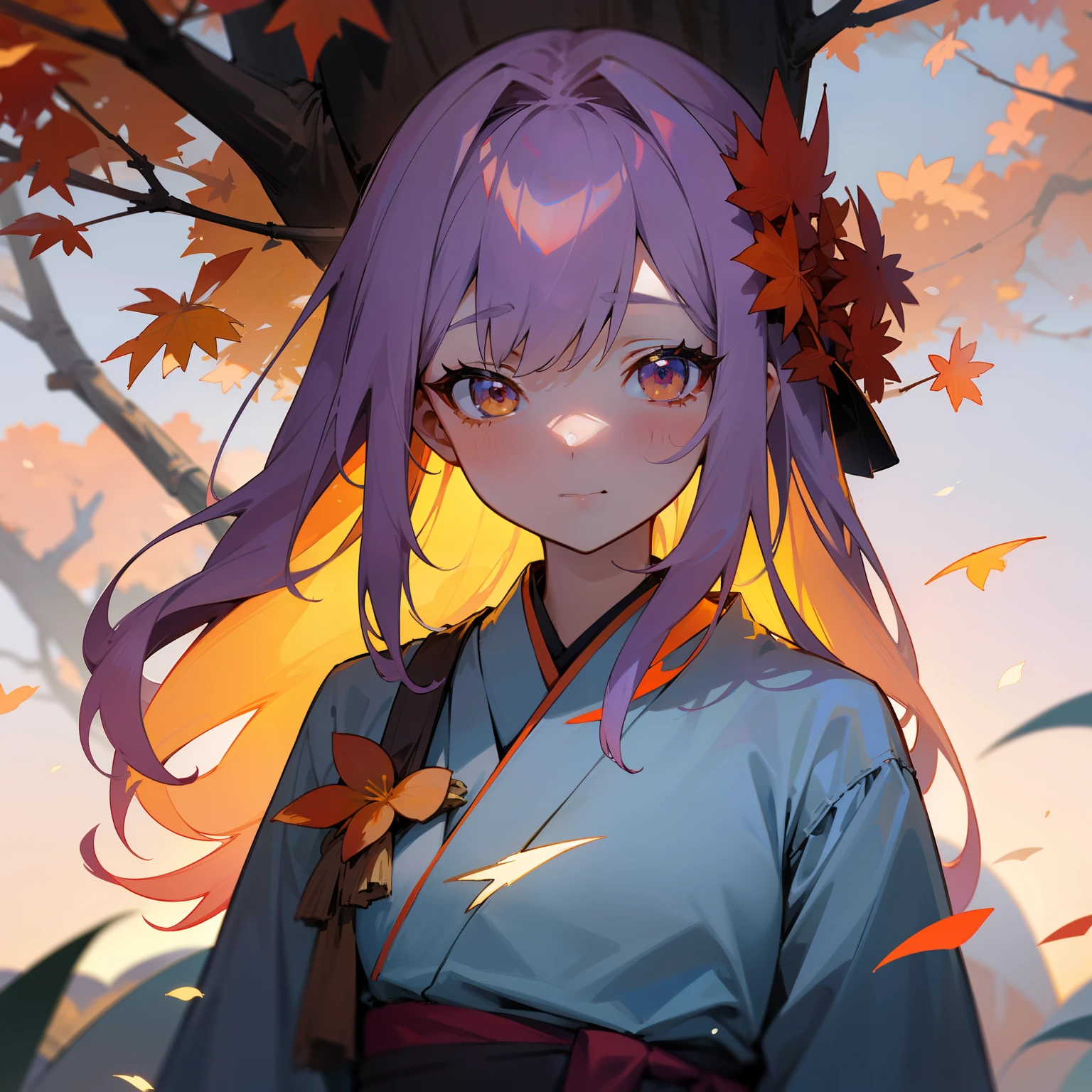 Beautiful sky、Changed over time。The first pale lilac is Xu々Turns dark orange、The afterglow of the setting sun stains the entire sky。The shadow of one girl also stretches long、Her hair color will be even clearer。A large tree with autumn leaves々ha、Show a different face in the changing light、Each piece of falling autumn leaves shimmers in the light。Her kimono too、Display different shades with changing light、So that you can deeply feel her grief.。With the changing landscape、The constant passage of time and beauty。