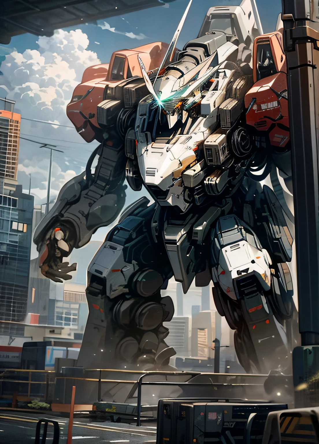 sky, cloud, holding_weapon, no_humans, glowing, , robot, building, glowing_eyes, mecha, science_fiction, city, realistic,mecha