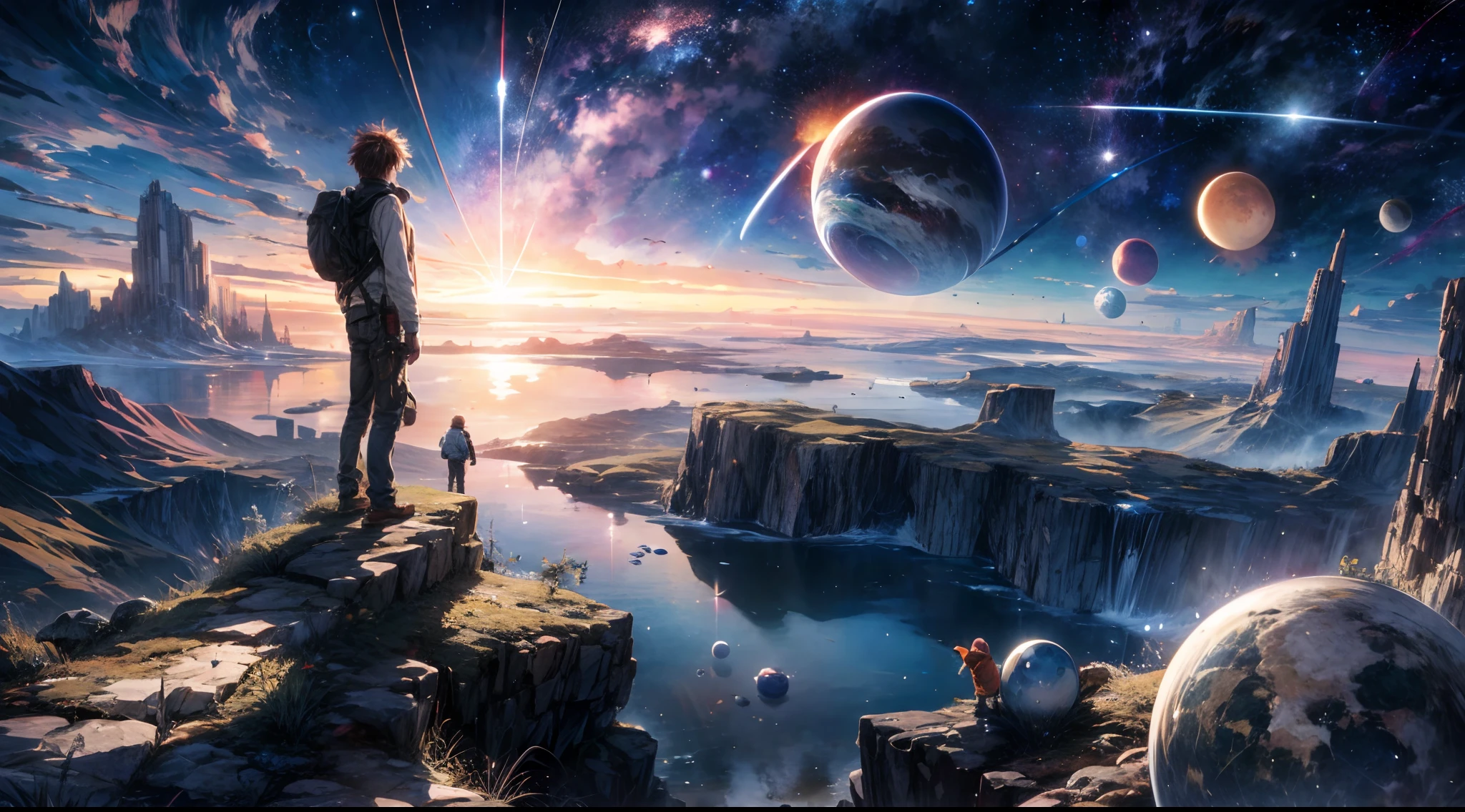 Eye-shaped planet coming towards the specifier, man looking at the planet coming towards him, pasagem, de baixo pra cima, visao de baixo,