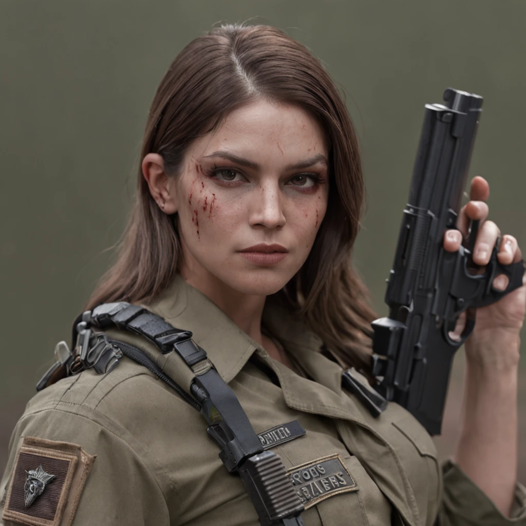 American female soldiers，Just put on a new corporal sexy uniform，Holding an AA12 shotgun，Zombie Doom，There was still blood on his clothes。Wild flowing hair, Tiger tattoo on the arm, bigbreasts, intricately details, 8K resolution（Refer to Valley of the Dead 2，Corporal Garcia）