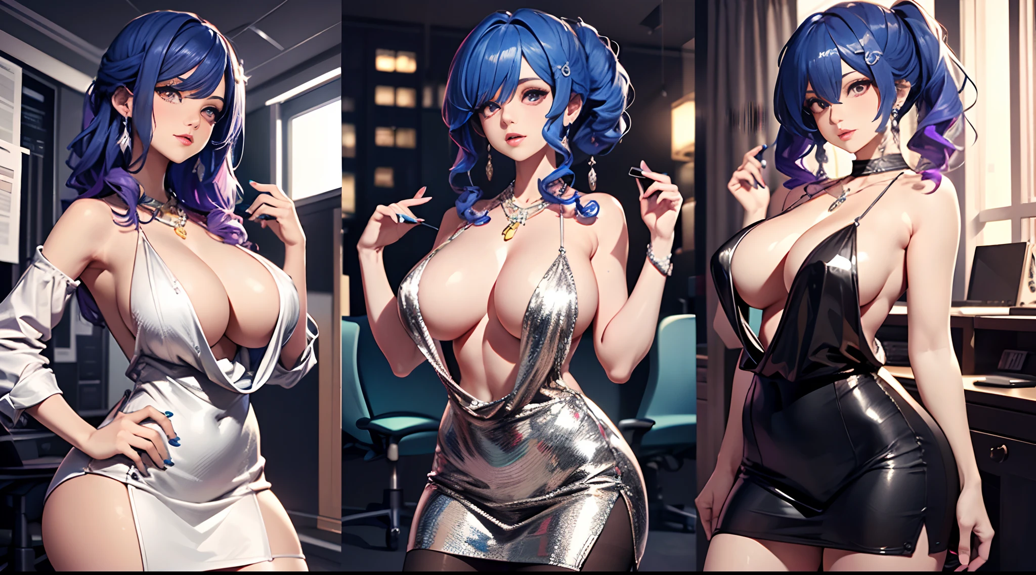 absurderes, 8K ,A high resolution, Ultra detailed, Beautiful, Masterpiece, Best quality, (Beautiful and delicate silver eyes), (3girl) ,Three sexy beautiful young women in office OL (Office Lady),white button-down blouse,There is a collar,Black Slit Skirt,(Black pantyhose),Long legs ,Detailed legs,High heels,Side ponytail , bangs,full bodyesbian,Big breasts,cleavage,Cyan hair,Blue hair,Pink hair,