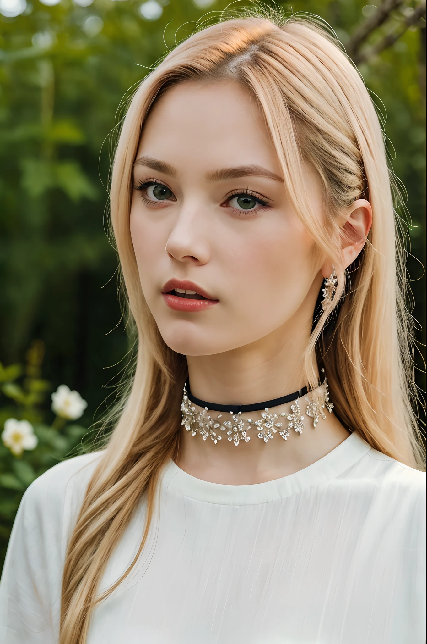 35mm, Incredibly hyper-detailed and intricately realistic, full body character, Adult, Beautiful, Female, Perfect, Long blonde hair, Green eyes, elegant white dress, Flowers in hair, Detailed face, White skin, Mature facial features of Nordic women, Garden background, Cover art, zoomout, choker necklace, an ultrafine painting, Luminism, Bar lighting, complex, 4k resolution concept art portrait
