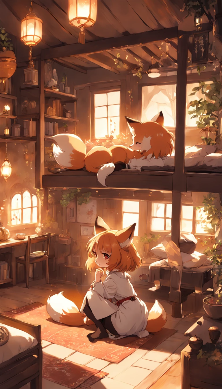 Anime character Little cute fox girl , Big room, A lonely day, Fantasy Treehouse, The room was full of properties, Gibly studio style, Intricate golden fur, Beautiful and big eyes, Warm room with back view of anime characters, Sit in front of a warm brazier, Comfortable room with fur carpet, high tea, Plants on the dining table, Soft light through the windows