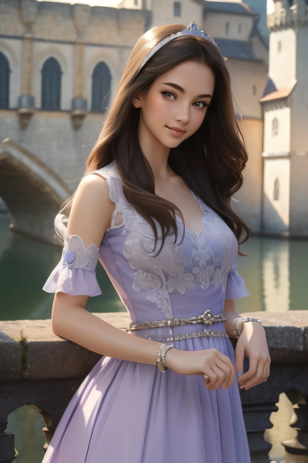 ((top-quality、masterpiece、photographrealistic:1.4、in 8K))、1 beautiful detailed woman、extremely detailed eye and face、beatiful detailed eyes、18year old、(Princess in purple dress)、Luxury accessories、Elegant smile、(Princess walking in medieval European-style city)、Beautiful lighting、Textured skin、Super Detail、high detailing、High quality、hight resolution、(looking at the viewers)、a river、Medieval European style、castle town