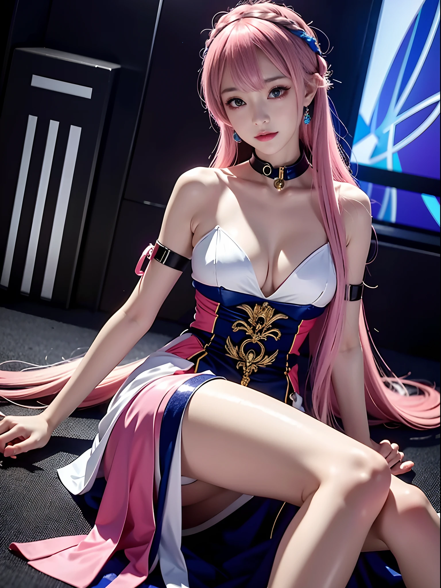 closeup, 1 girl, alone, [dark blue and pink hair: blue and pink hair:0.2], cyberpunk, high tech, V, mechanical parts, looking at audience, black eyes, long hair, interior, luminous laser earrings. high contrast, night, black, [freckles:0.9], reflective transparent rainbow, long hair, breasts, white skin most beautiful Korean woman's face, seductive expression, (relaxed pose: 1.5), eva, complex background, Sony a6300, extremely beautiful and gorgeous anime illustration, with cinematic perspective，(relaxed pose: 1. 5), eva, complex background, Sony a6300, extremely beautiful and gorgeous anime illustration with a cinematic perspective,naked,full body