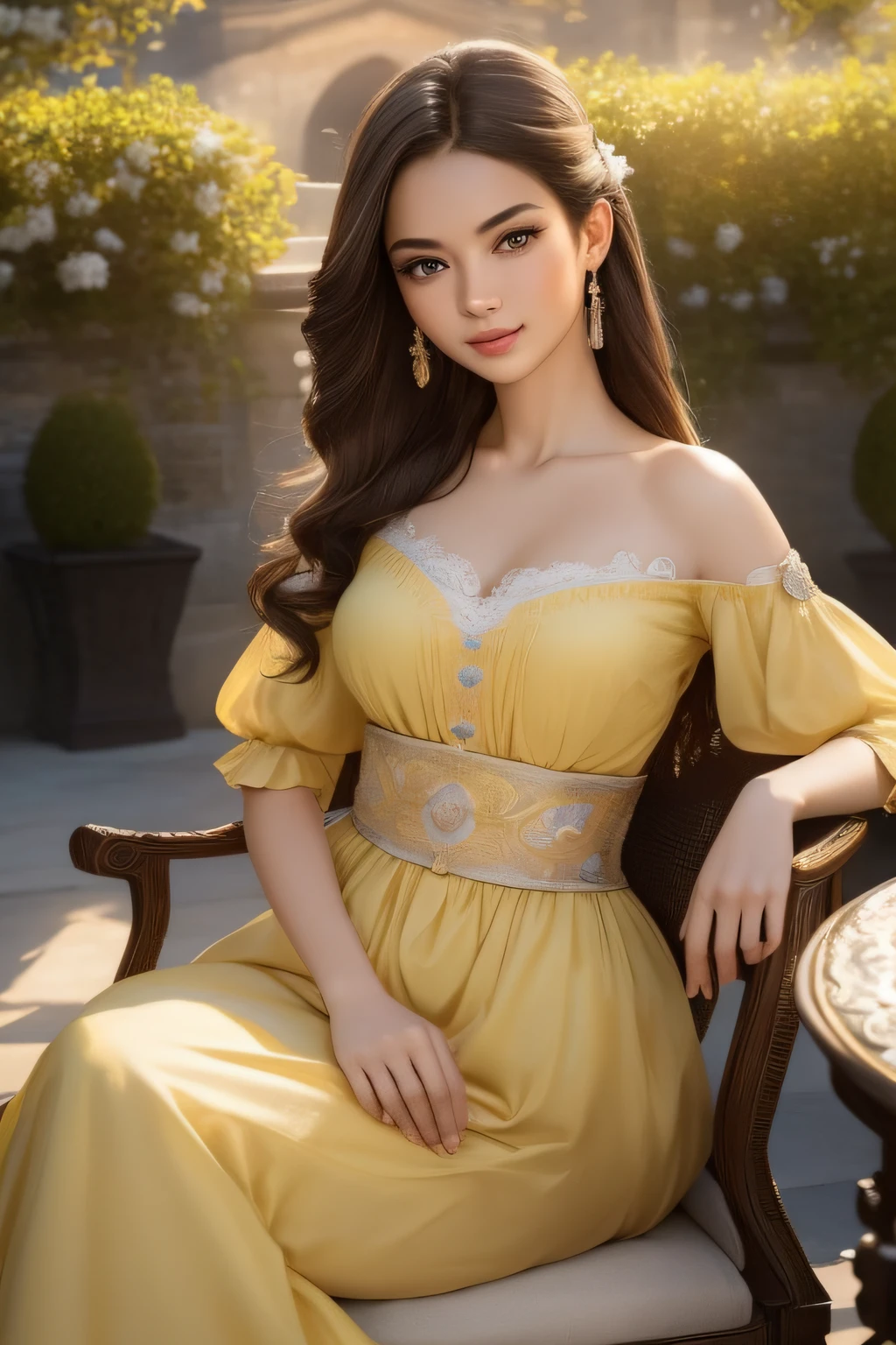 ((top-quality、masterpiece、photographrealistic:1.4、in 8K))、1 beautiful detailed woman、extremely detailed eye and face、beatiful detailed eyes、14years、(Princess in yellow dress like Disney princess)、Luxury accessories、Elegant smile、(Princess having tea party in the gorgeous garden of the castle in the daytime、A castle in the background)、Beautiful lighting、Textured skin、Super Detail、high detailing、High quality、hight resolution、(looking at the viewers)、black tea、Detailed antique teapot、Medieval European style、Luxurious sweets
